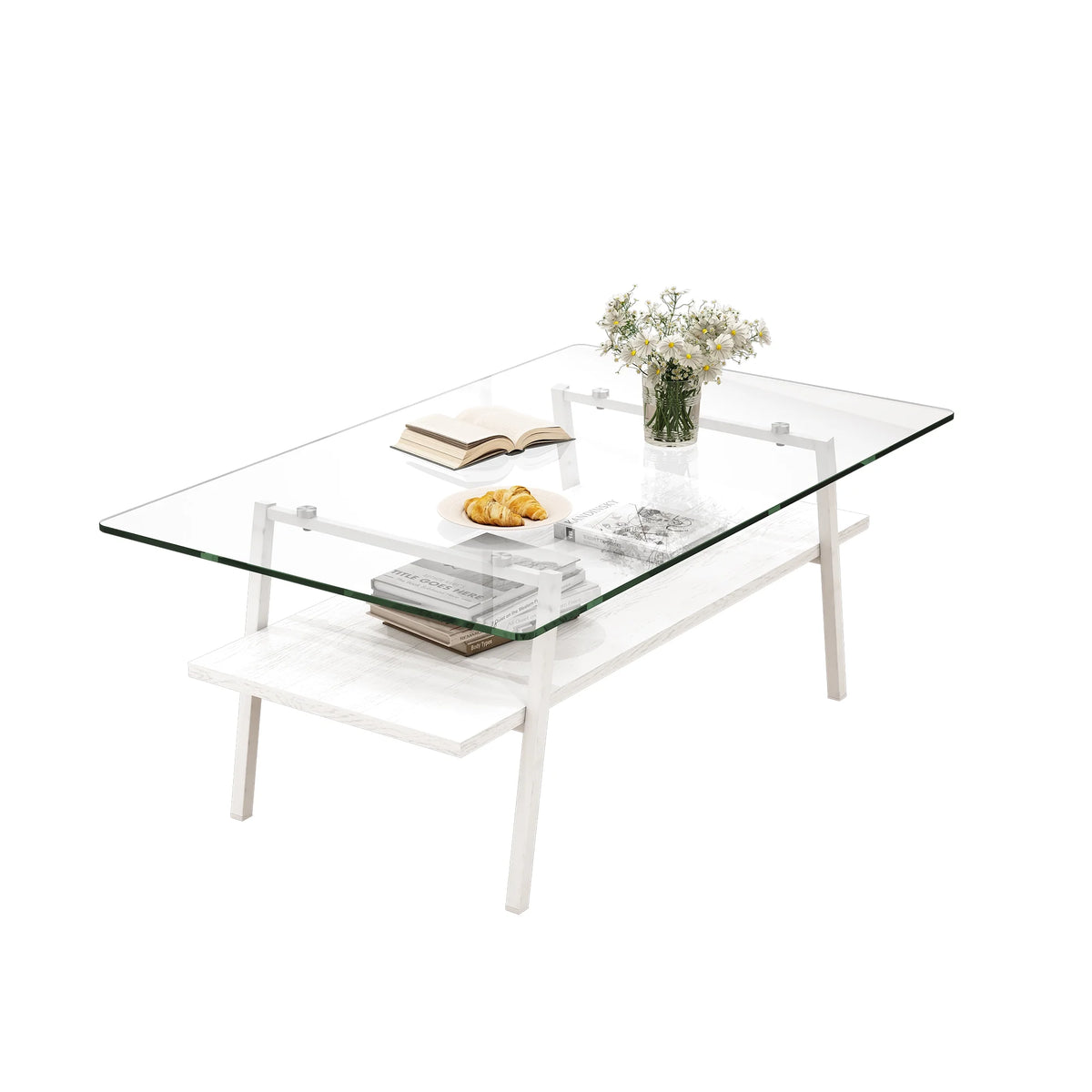 Rectangle Coffee Table with Tempered Glass Tabletop and White Metal Legs K9415