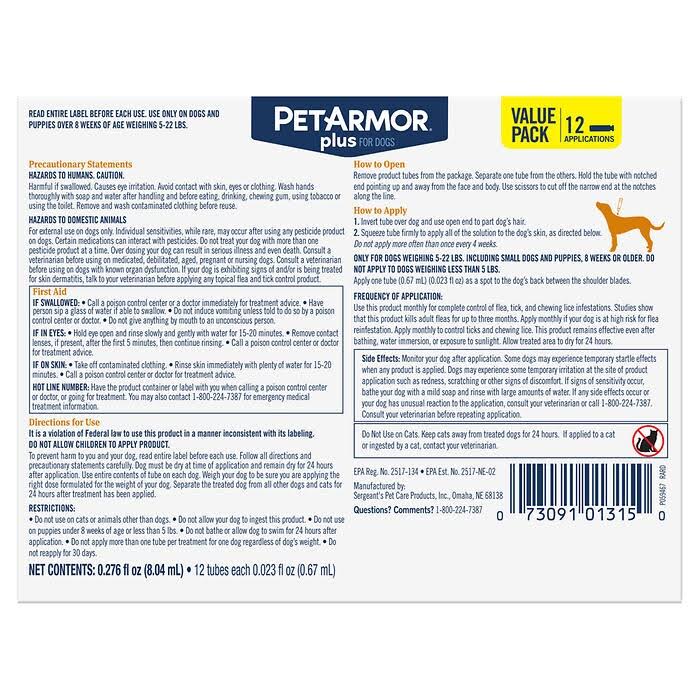 12 Applications Flea, Tick & Lice Formula for Dogs 5-22 lbs S766