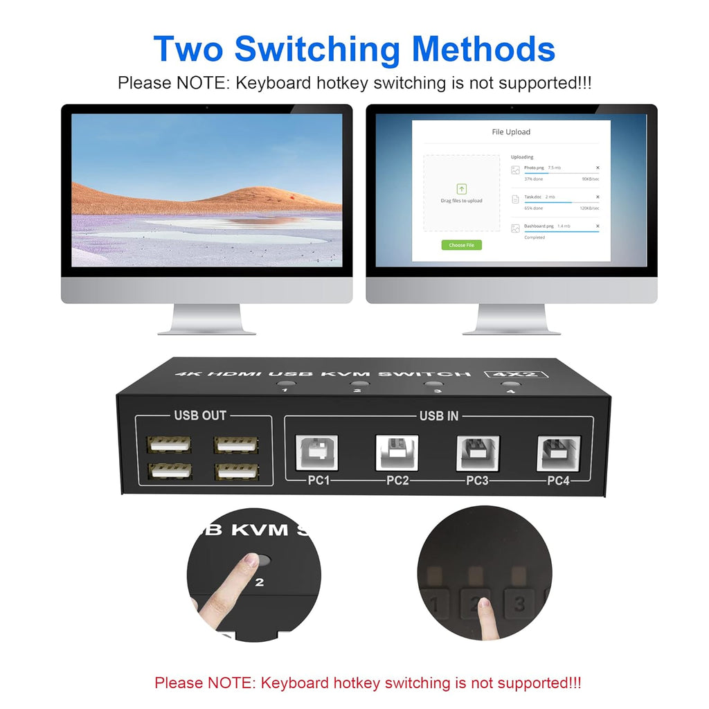 4 Port HDMI KVM Switch 4K@60Hz 4 in 2 Out T78182