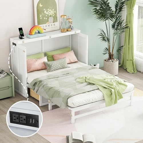 White Full Size Murphy Bed with Charging Station and Drawers S6620