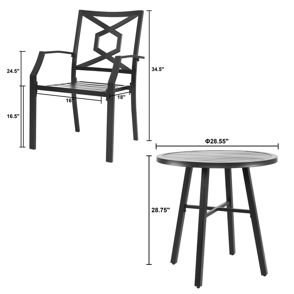 3 Piece Iron Stackable Patio Bistro Set with 2 Chairs and Round Table Black Y633230