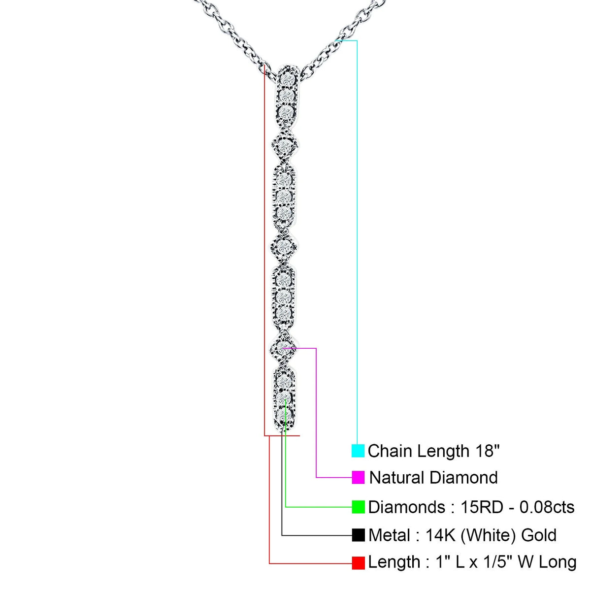 14K White Gold Diamond Drop Bar Pendant Necklace 18" H121271