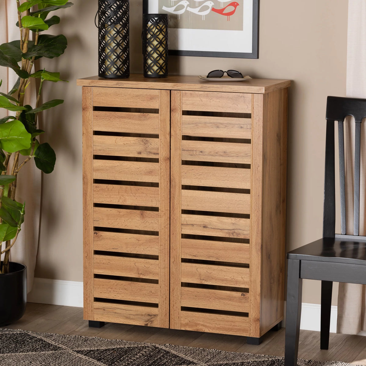 Oak Brown Finished Wood 2-Door Shoe Storage Cabinet R52102