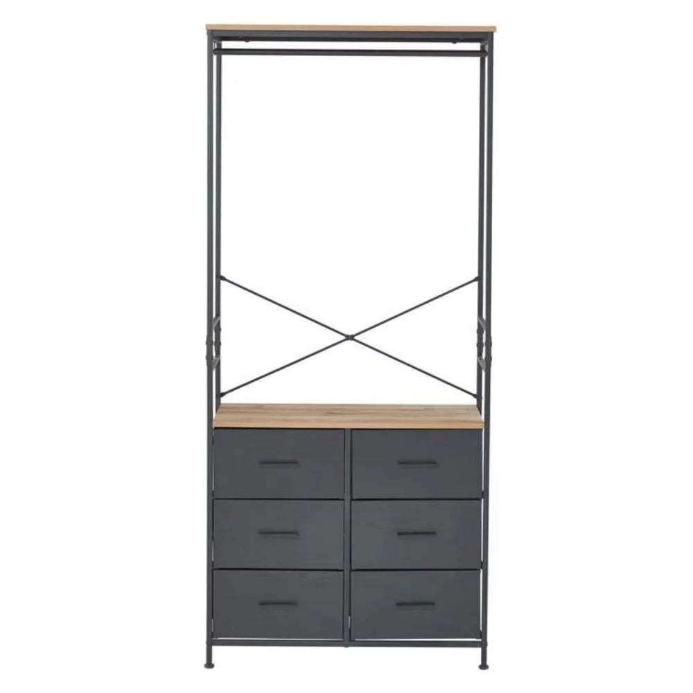 Freestanding Clothing Rack with Hanging Rod and 6 Drawer Wooden Wardrobe Armoire D172