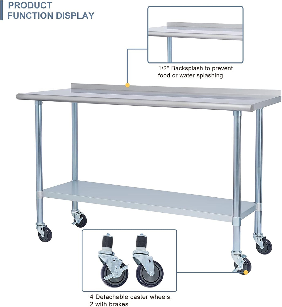 Stainless Steel Metal Work Table with Backsplash, 24 x 60 Inches M9420