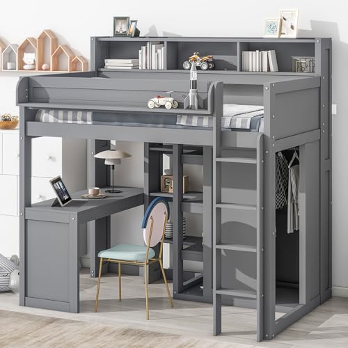 Twin Size Wood Loft Bed with Desk Storage and Wardrobe I648477