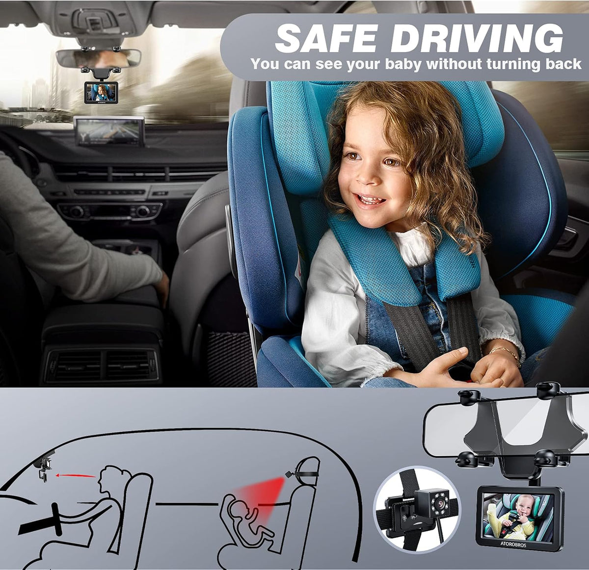 Baby Car Camera with 4.3'' HD Display, 1080P Night Vision, 360° Rearview Mirror Display Bracket X750752