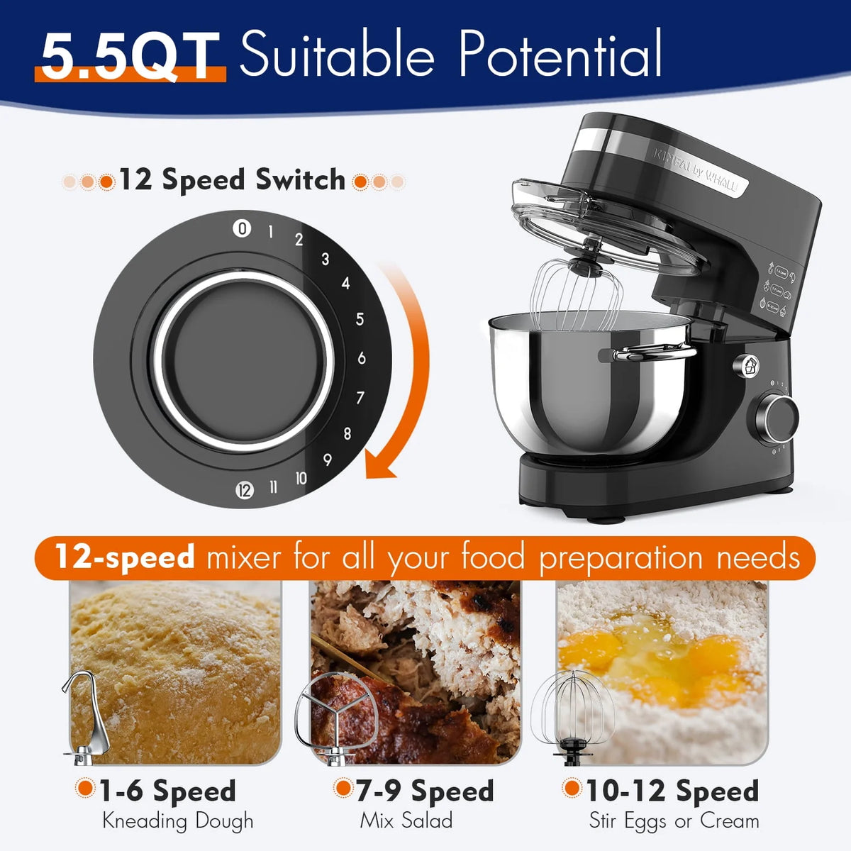 5.5Qt 12-Speed Tilt-Head Electric Stand Mixer with Stainless Steel Bowl I866