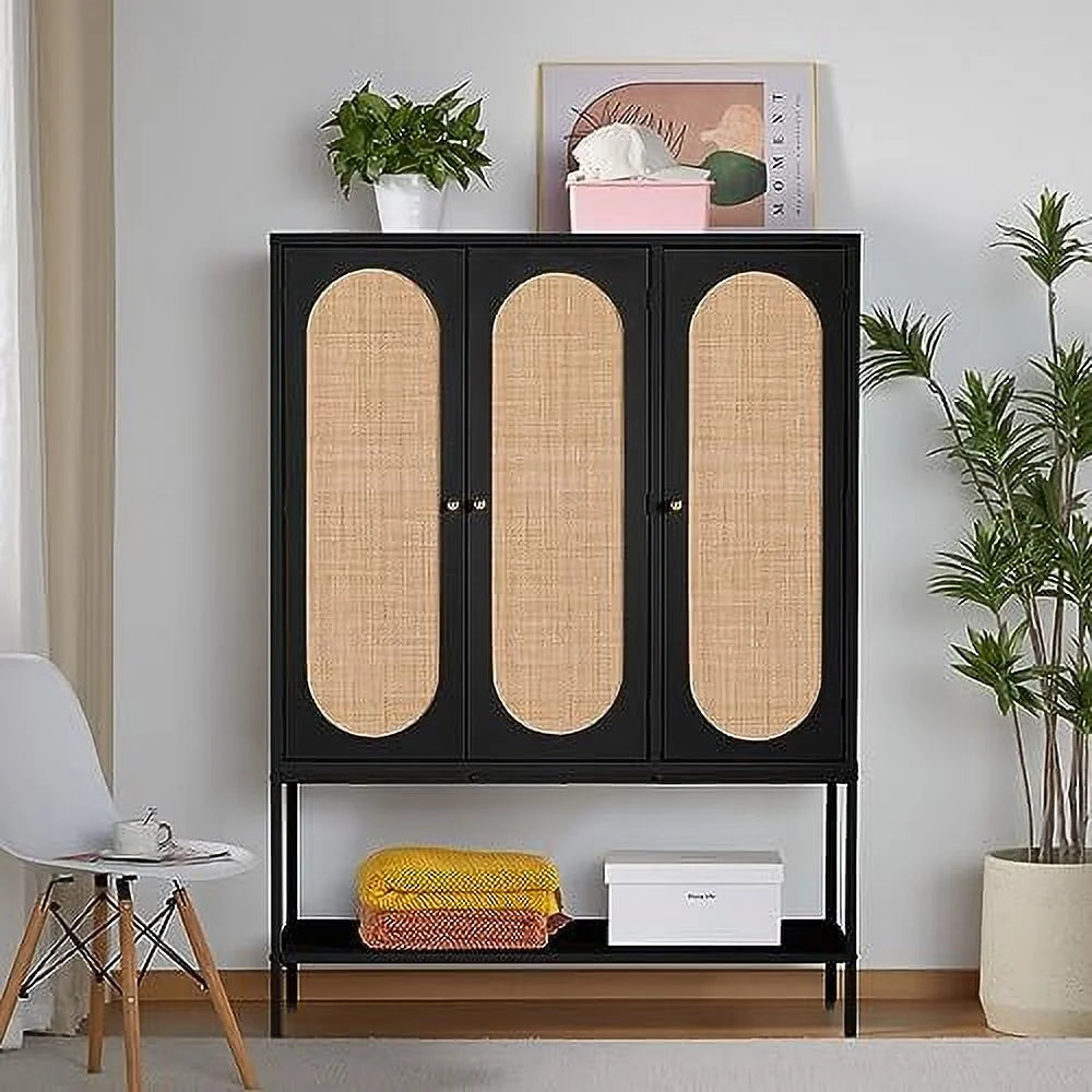 Large 3 Door Rattan Wardrobe Closet with Shelves and Hanging Rail E9674