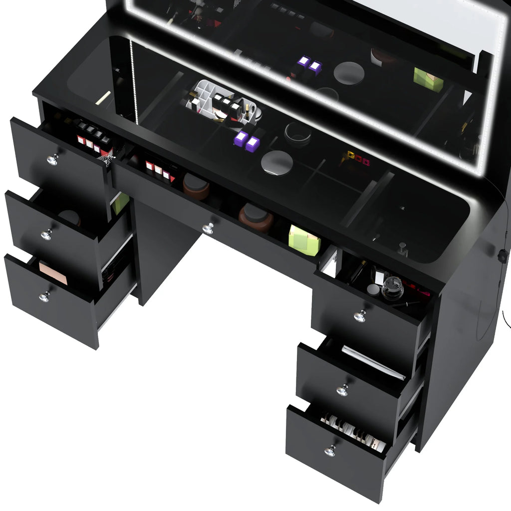 Modern Black Vanity Desk with LED Lights, 7 Drawers, Mirror C9122