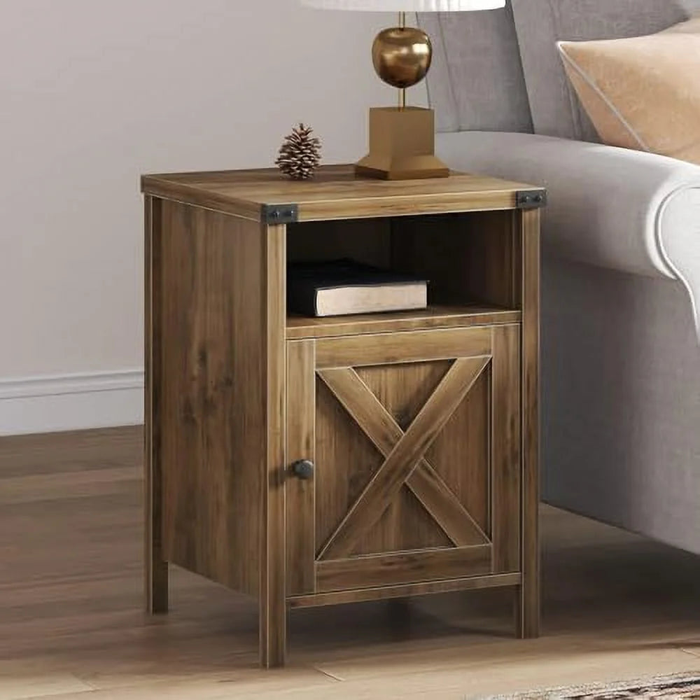 Farmhouse Wooden End Table Set of 2 with Barn Door L138