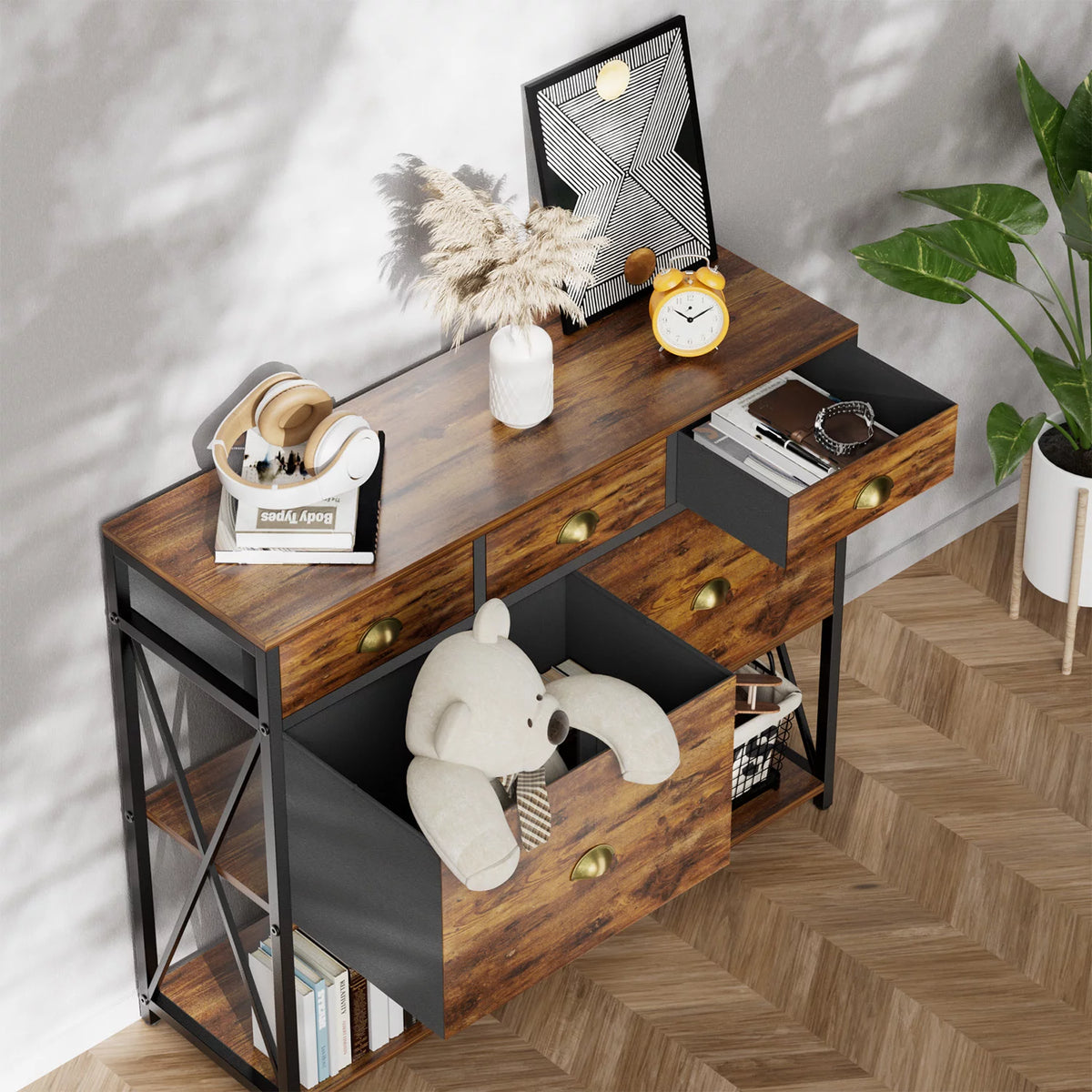 Rustic Brown Console Table with Drawers and Storage Shelves P82772
