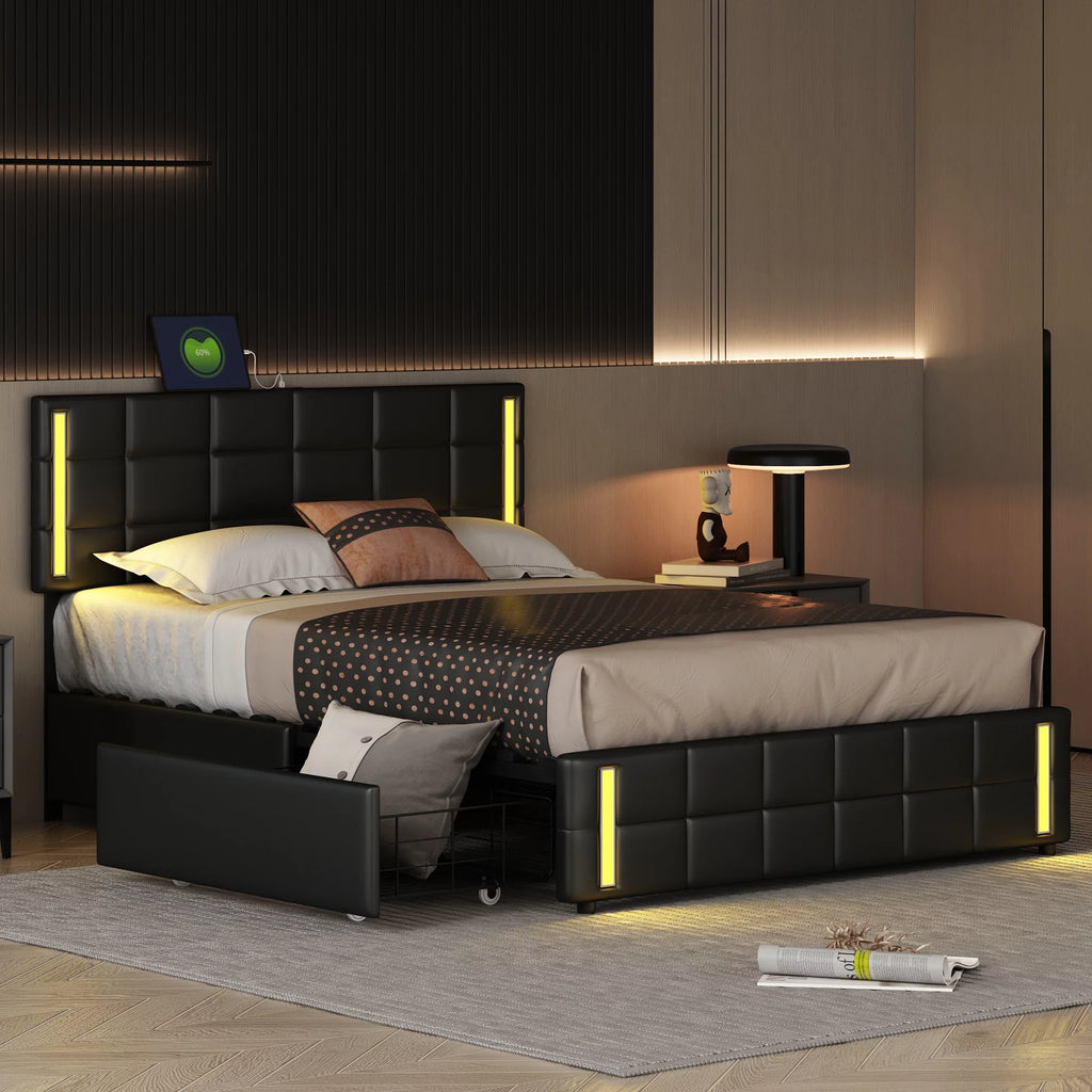 Queen Size Upholstered Platform Bed with LED Lights and USB Charging, 4 Drawers, Black L585663
