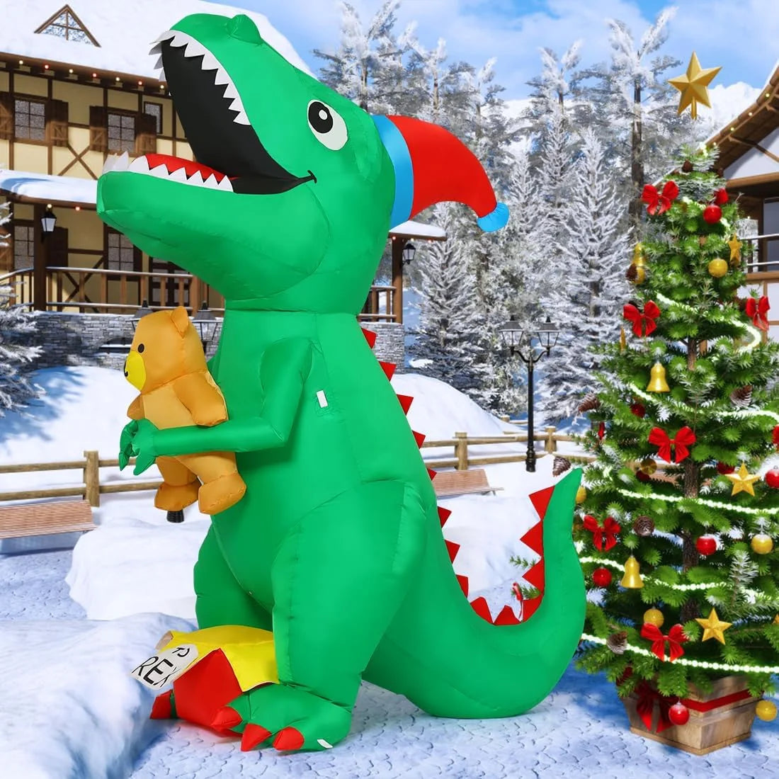 7FT Green Dinosaur Christmas Inflatable with Build-in LED Light I4707