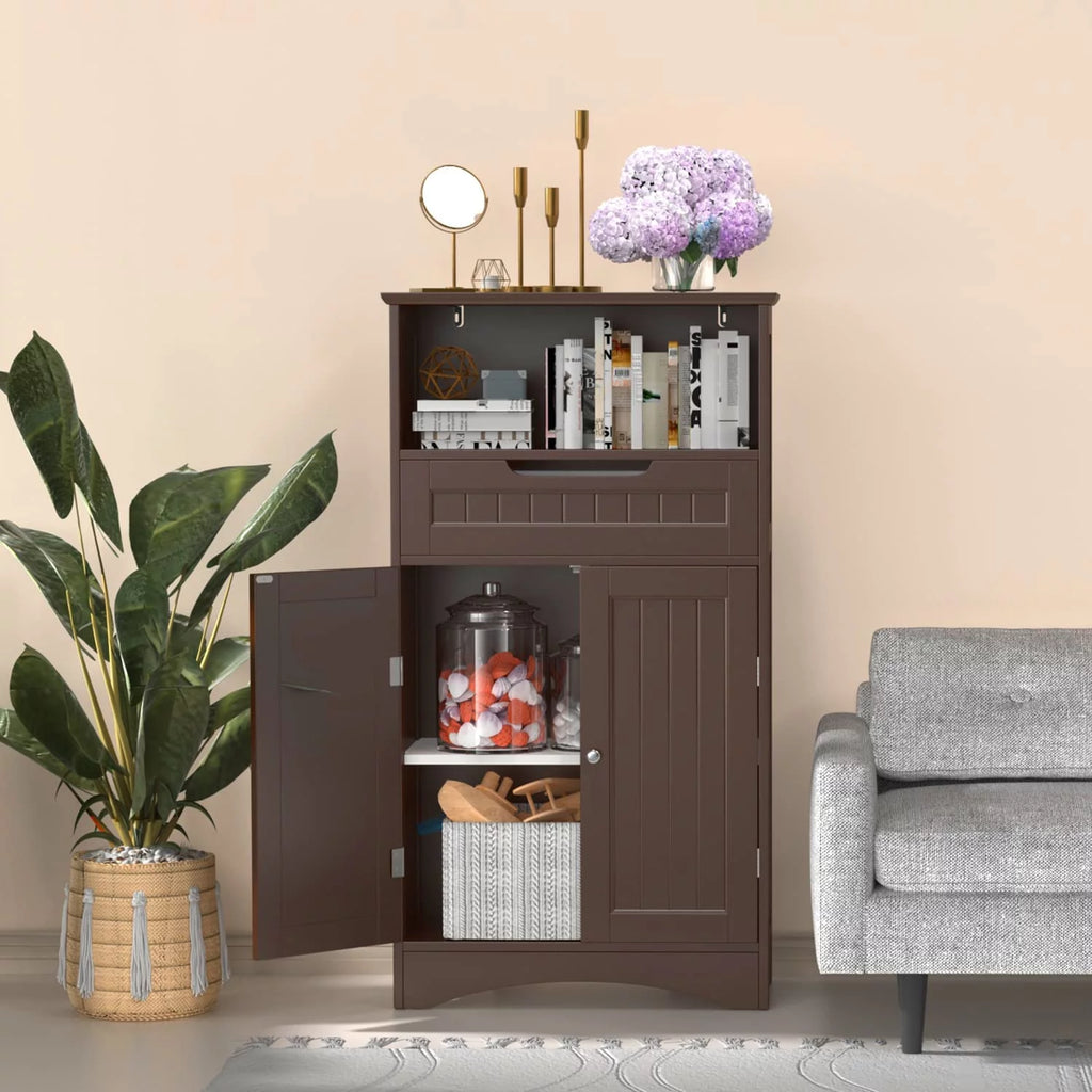 Dark Brown Bathroom Storage Cabinet with Drawer and Shelf M765852