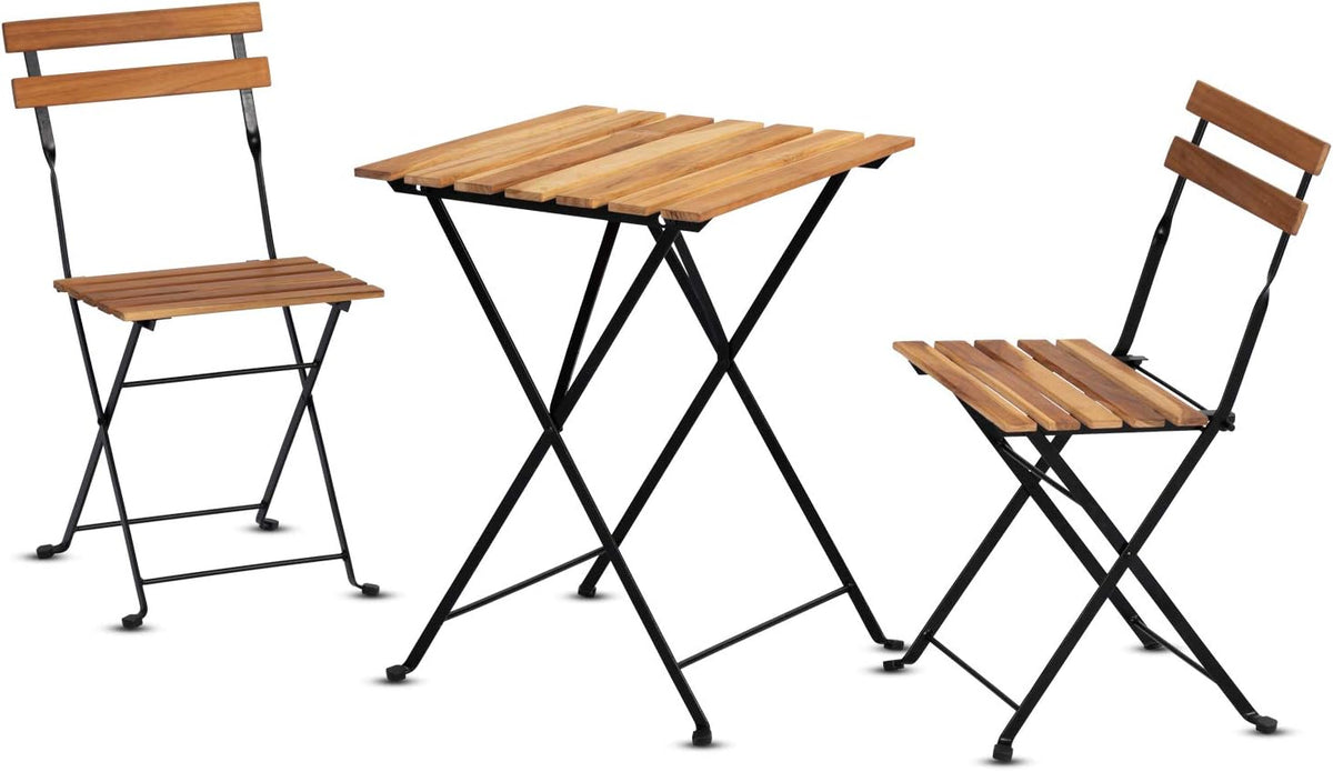3 Pieces Folding Dining Table Chairs with Teak Wooden Top Anti-Rust Steel Frame R237175