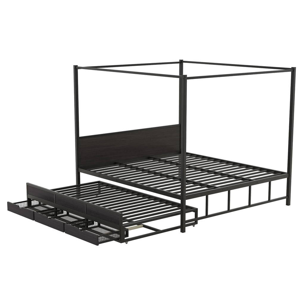 Queen Size Black Metal Canopy Platform Bed with Trundle and 3 Storage Drawers Z859