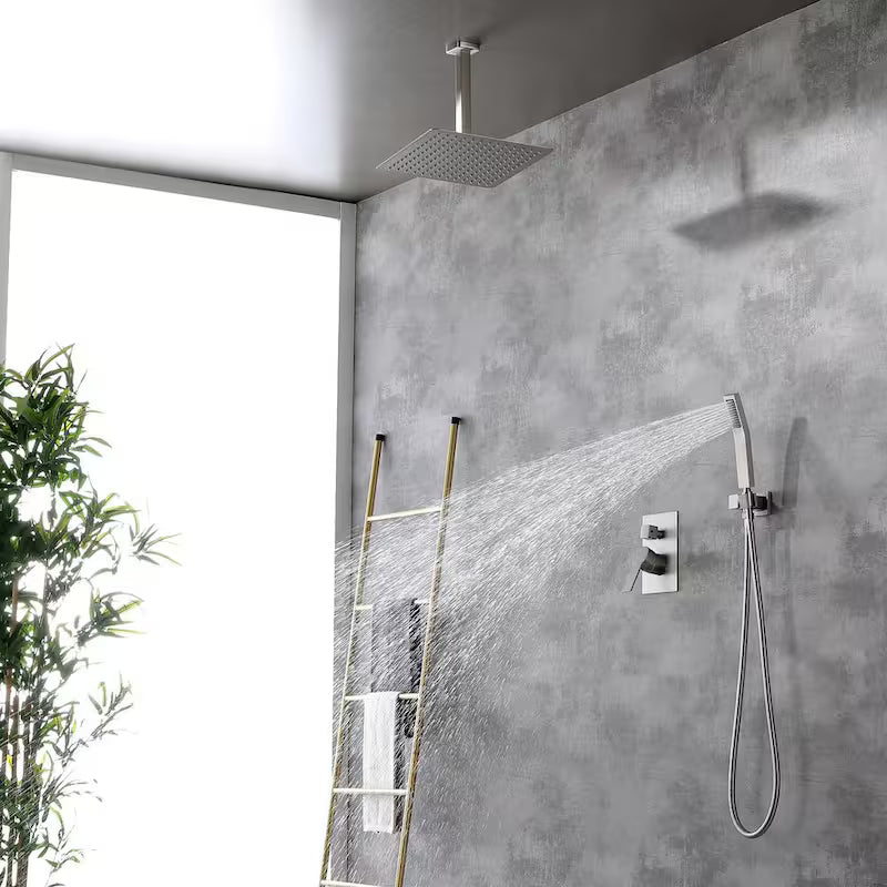 12 in. Ceiling Mount Dual Shower Heads with Pressure Balance Valve in Brushed Nickel V87739