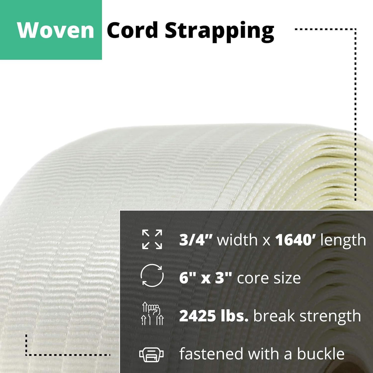 3/4" x 2100’ Woven Cord Strapping Roll, 900 lbs Break Strength, White U3436