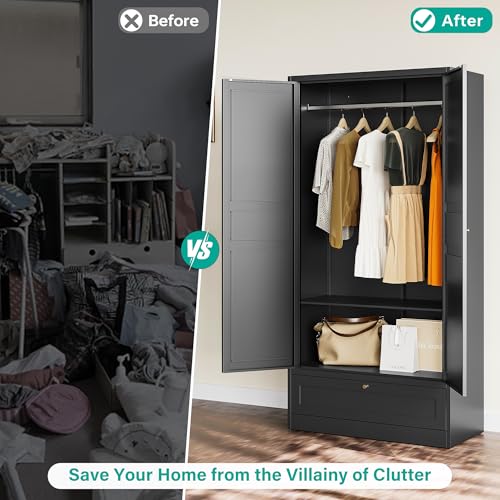 White Metal Wardrobe Cabinet with Adjustable Shelves and Hanging Rod U8464