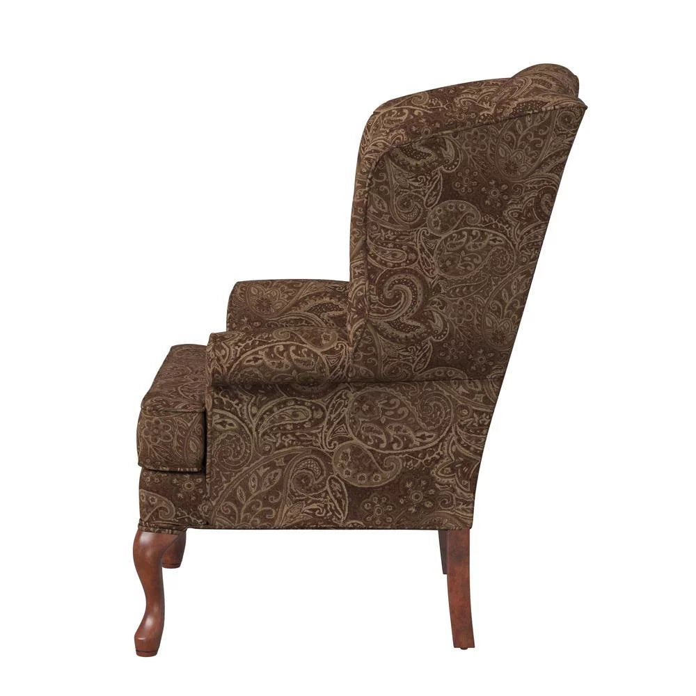 Paisley Cocoa Brown Chenille Fabric Wing Back Accent Chair T6201