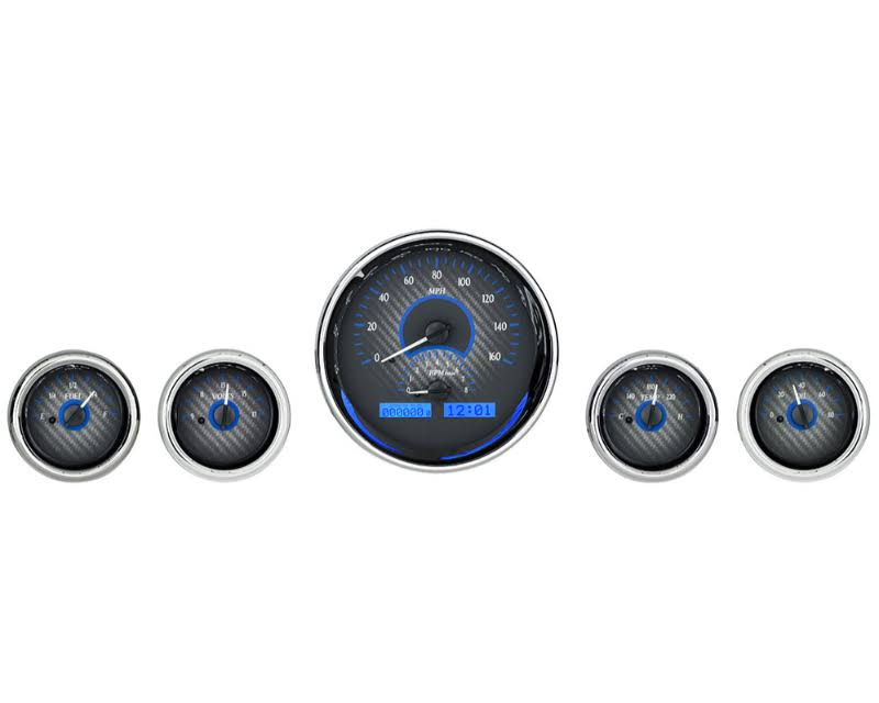 Universal 5 Round Analog Gauge Kit Carbon Fiber Blue A2929