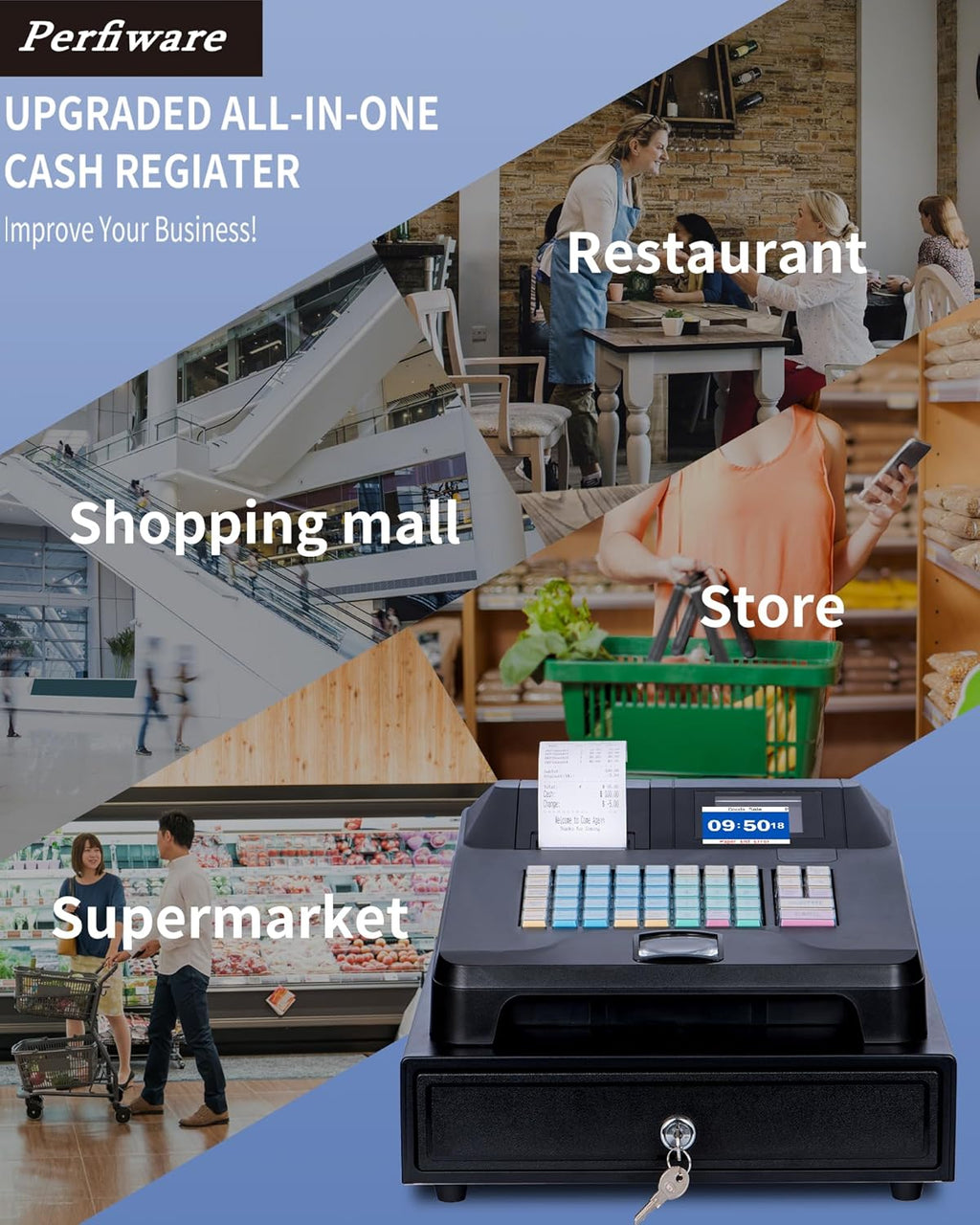 Cash Register with Cash Drawer and Built-In Receipt Printer, Dual Display L2994