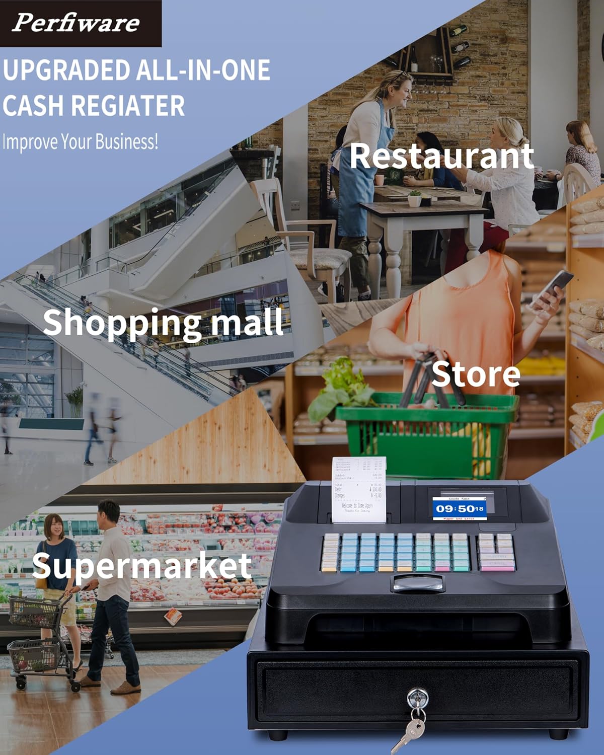 Cash Register with Cash Drawer and Built-In Receipt Printer, Dual Display L2994