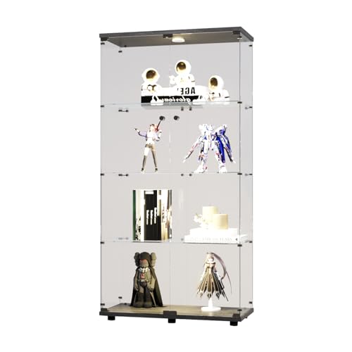 Black 4 Shelves Glass Display Cabinet with Light and Lock N746