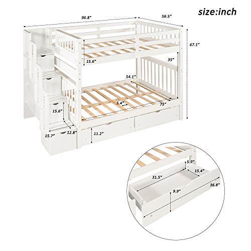 Twin Over Twin/Full Bunk Bed with Twin Size Trundle and Drawers, Solid Wood P323873