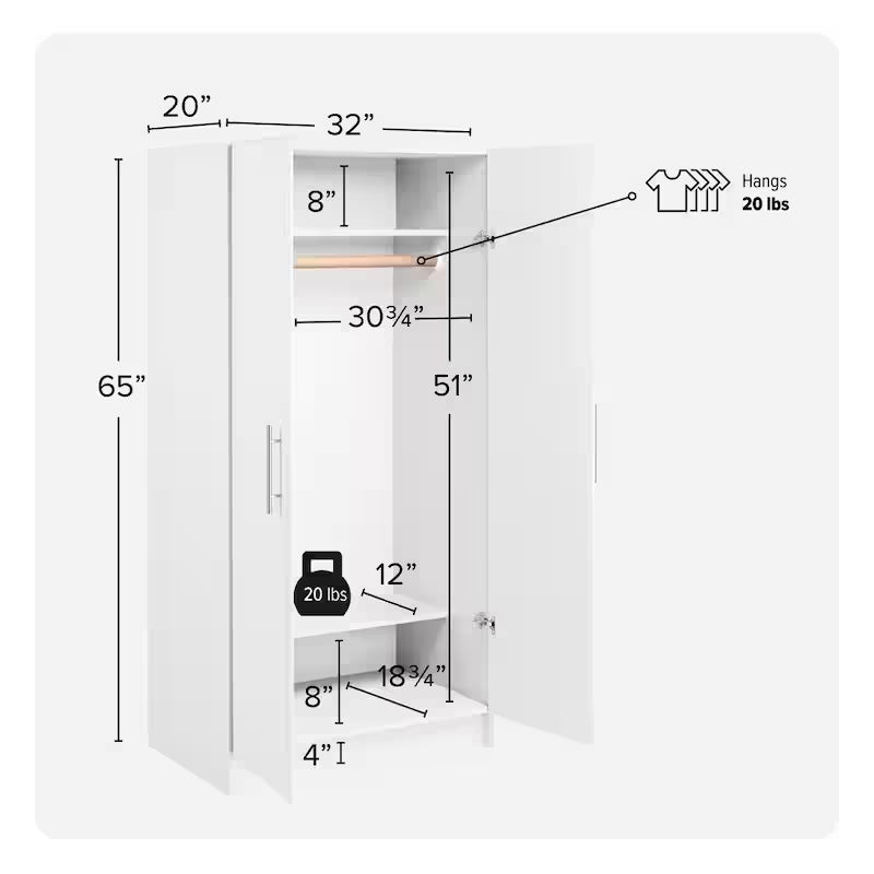 2-Shelf Engineered Wood Freestanding Wardrobe Cabinet in White P94888