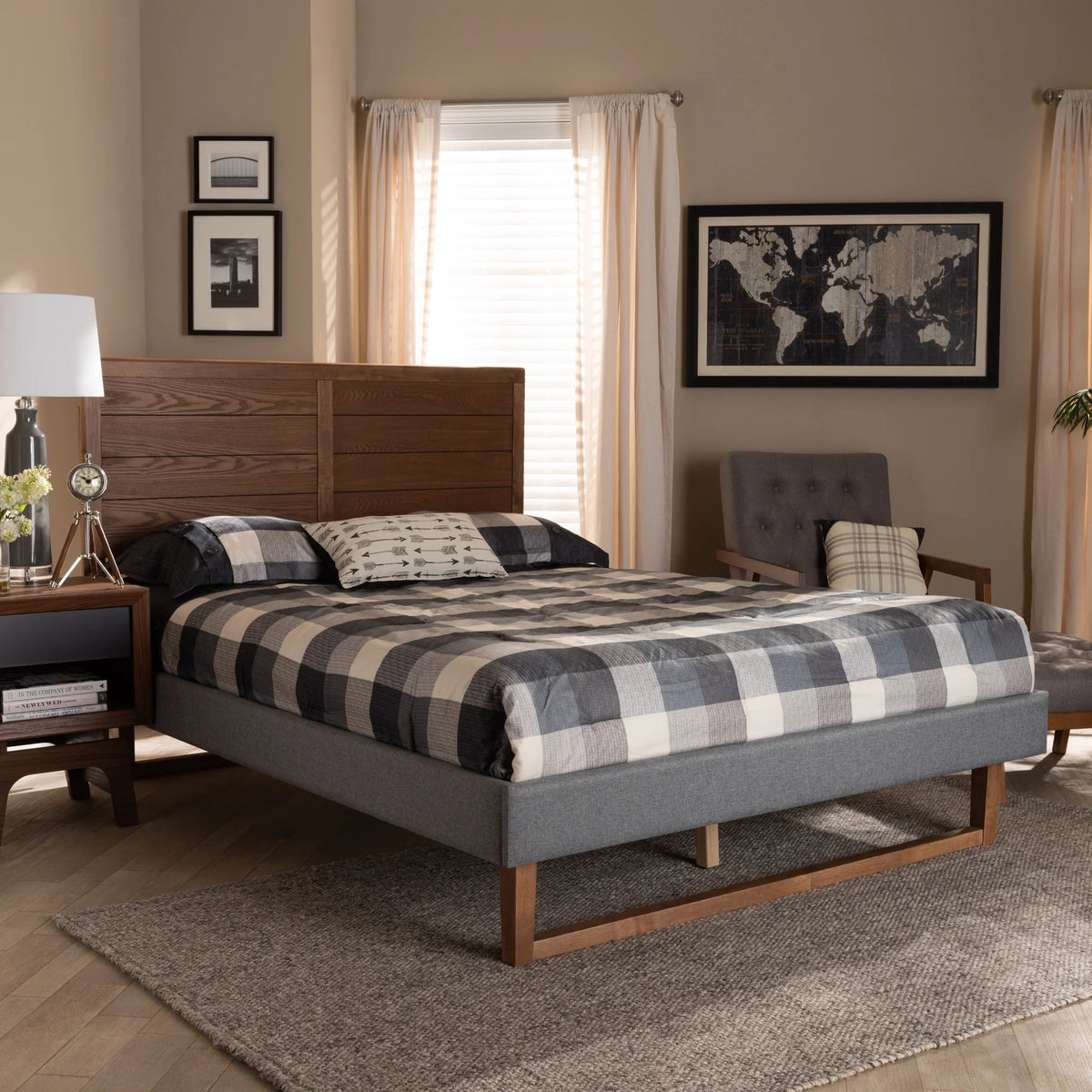 Dark Grey Fabric Upholstered Ash Walnut Brown Wood Full Size Platform Bed W848