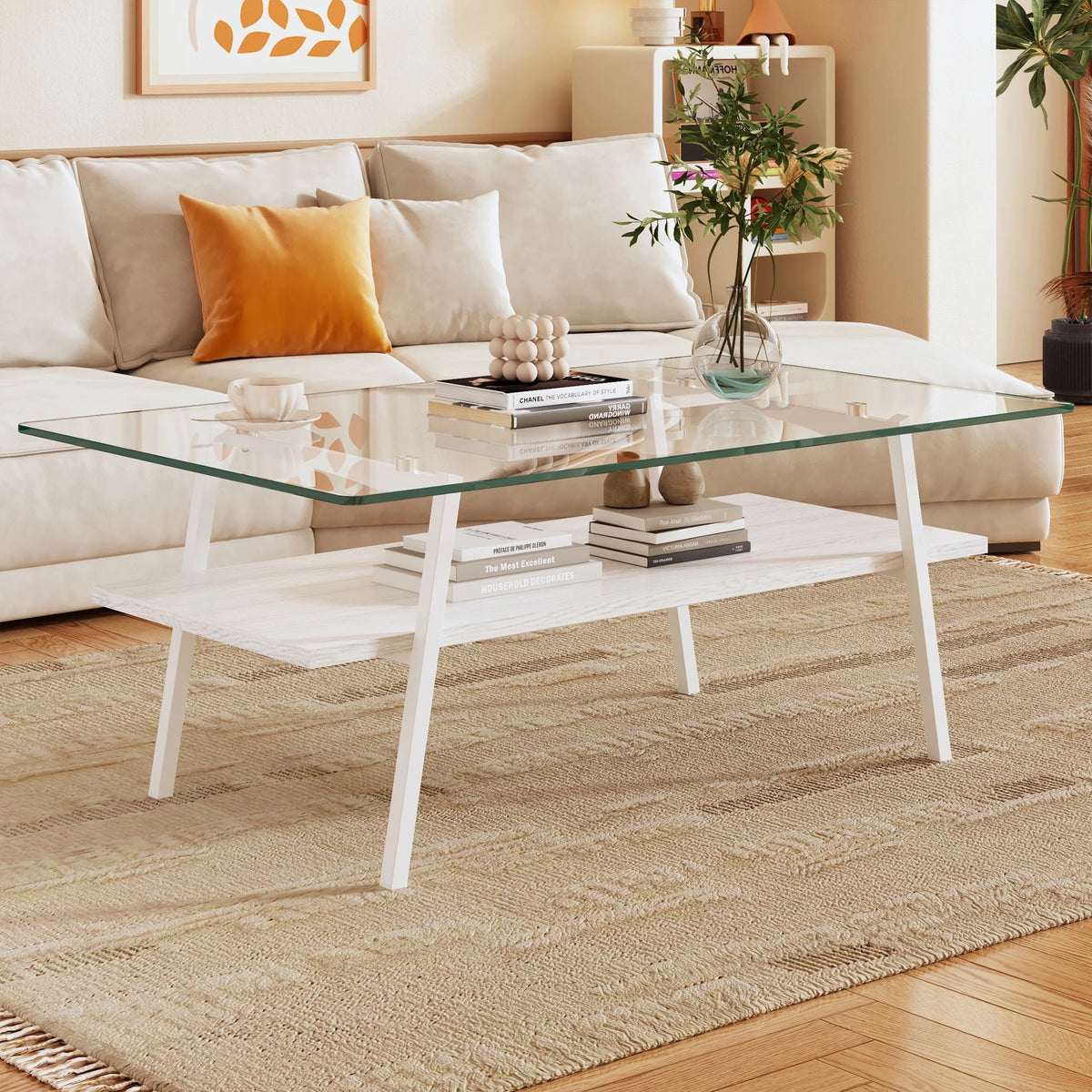 Rectangle Coffee Table with Tempered Glass Tabletop and White Metal Legs K9415