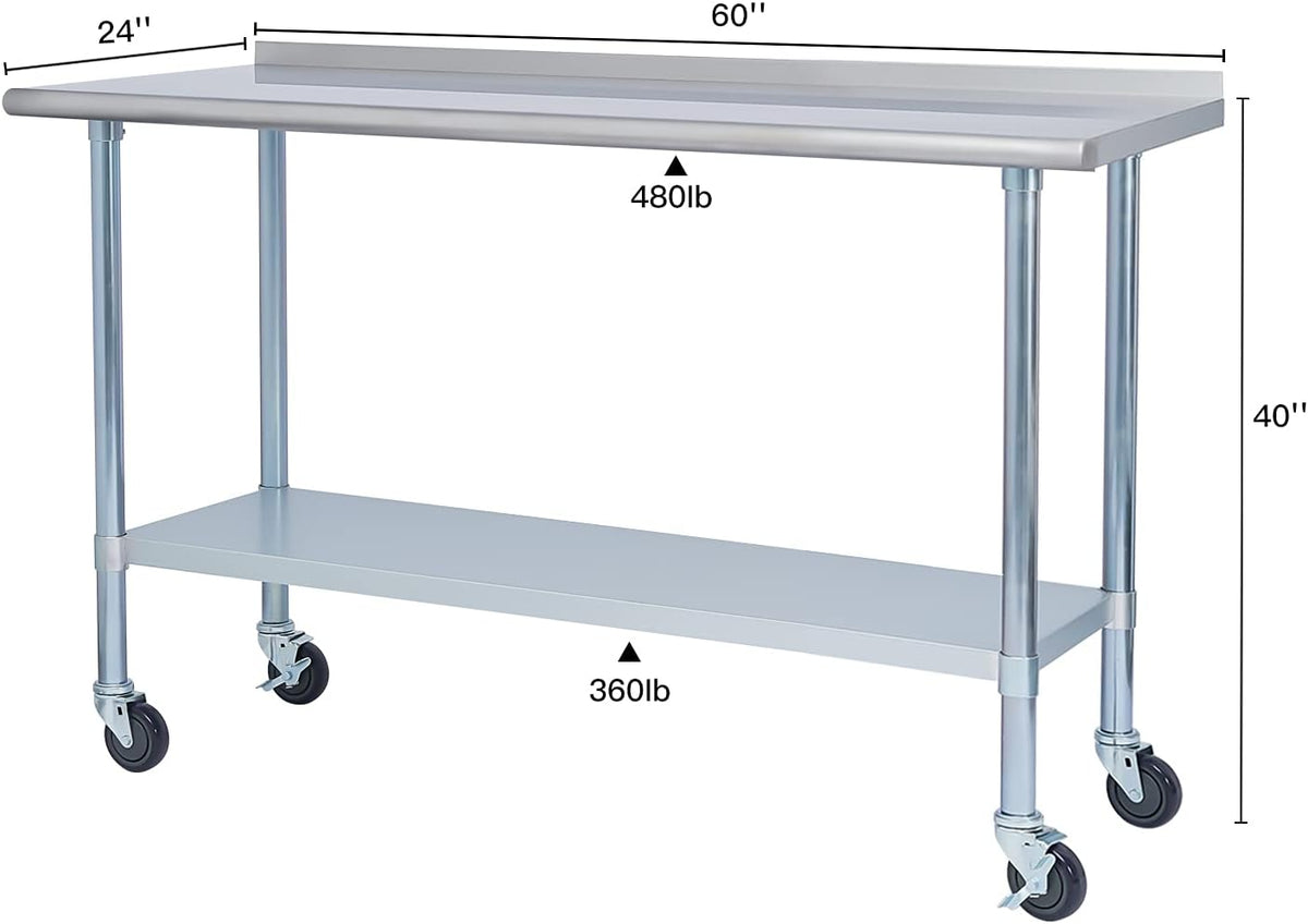 Stainless Steel Metal Work Table with Backsplash, 24 x 60 Inches M9420