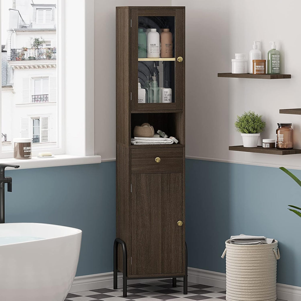 67'' Tall Bathroom Storage Cabinet with Drawer, Glass Door & Shelves L8796