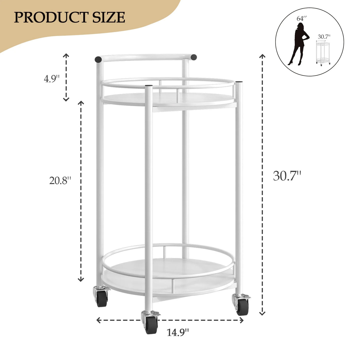 White 2 Tiers Rolling Metal Bar Cart with Handle I51623
