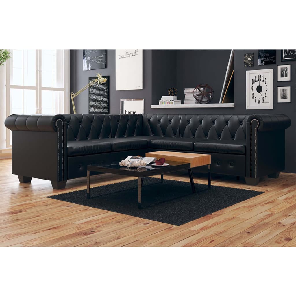 Chesterfield Corner Sofa 5-Seater Black Faux Leather K122
