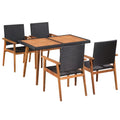 5 Piece Acacia Wood Top Dining Table and 4 Chairs Black Poly Rattan Outdoor Dining Set T5495