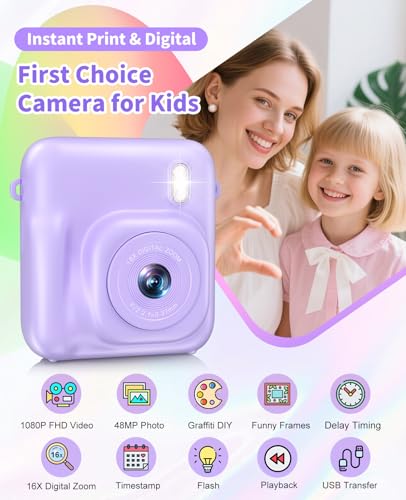 Instant Print Kids Camera 48MP 1080P with 32GB Card V8724