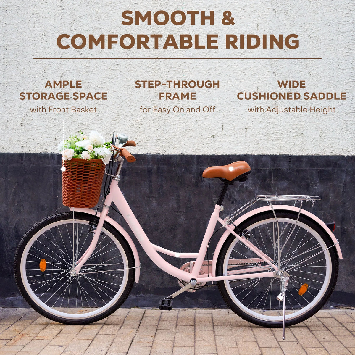 26 Inch Pink Cruiser Bicycle with Basket Rack A591