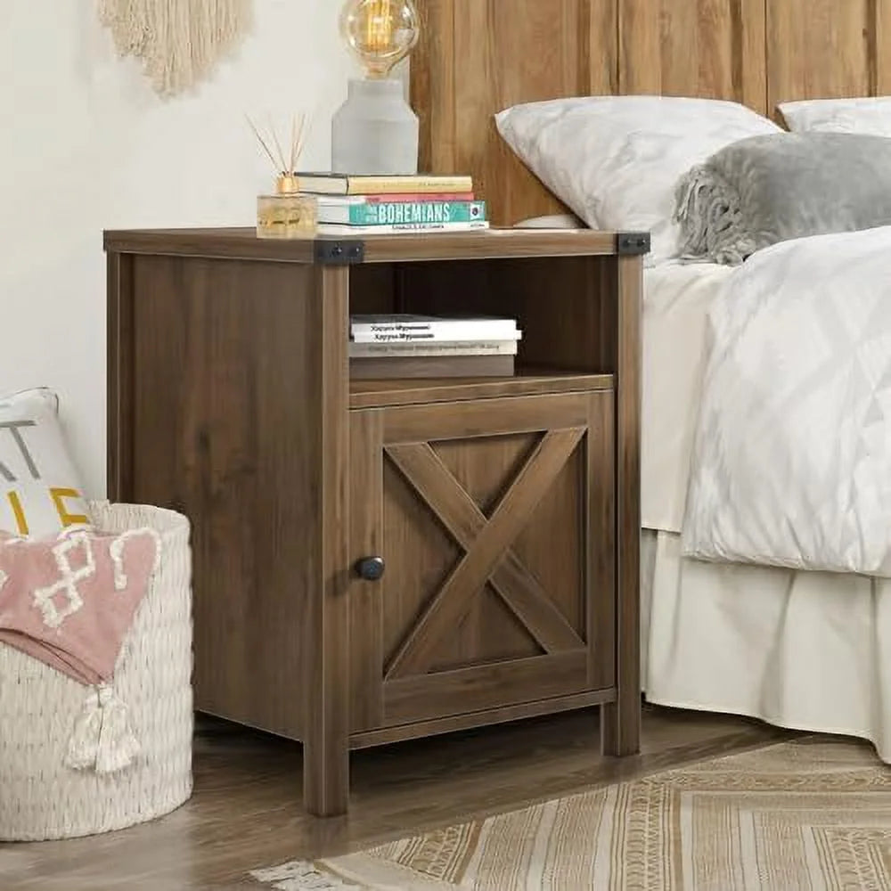 Farmhouse Wooden End Table Set of 2 with Barn Door L138