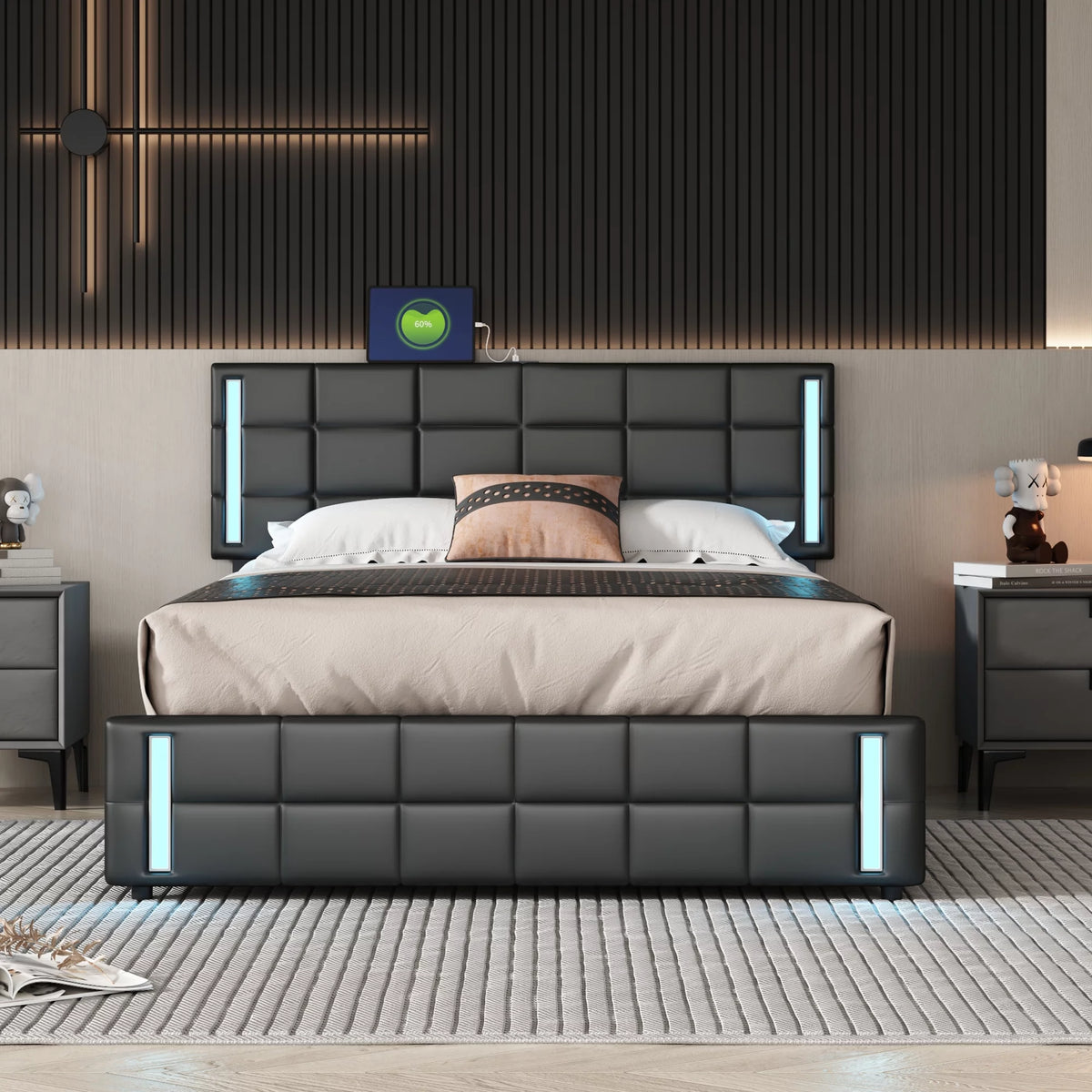 Queen Size Upholstered Platform Bed with LED Lights and USB Charging, 4 Drawers, Black L585663