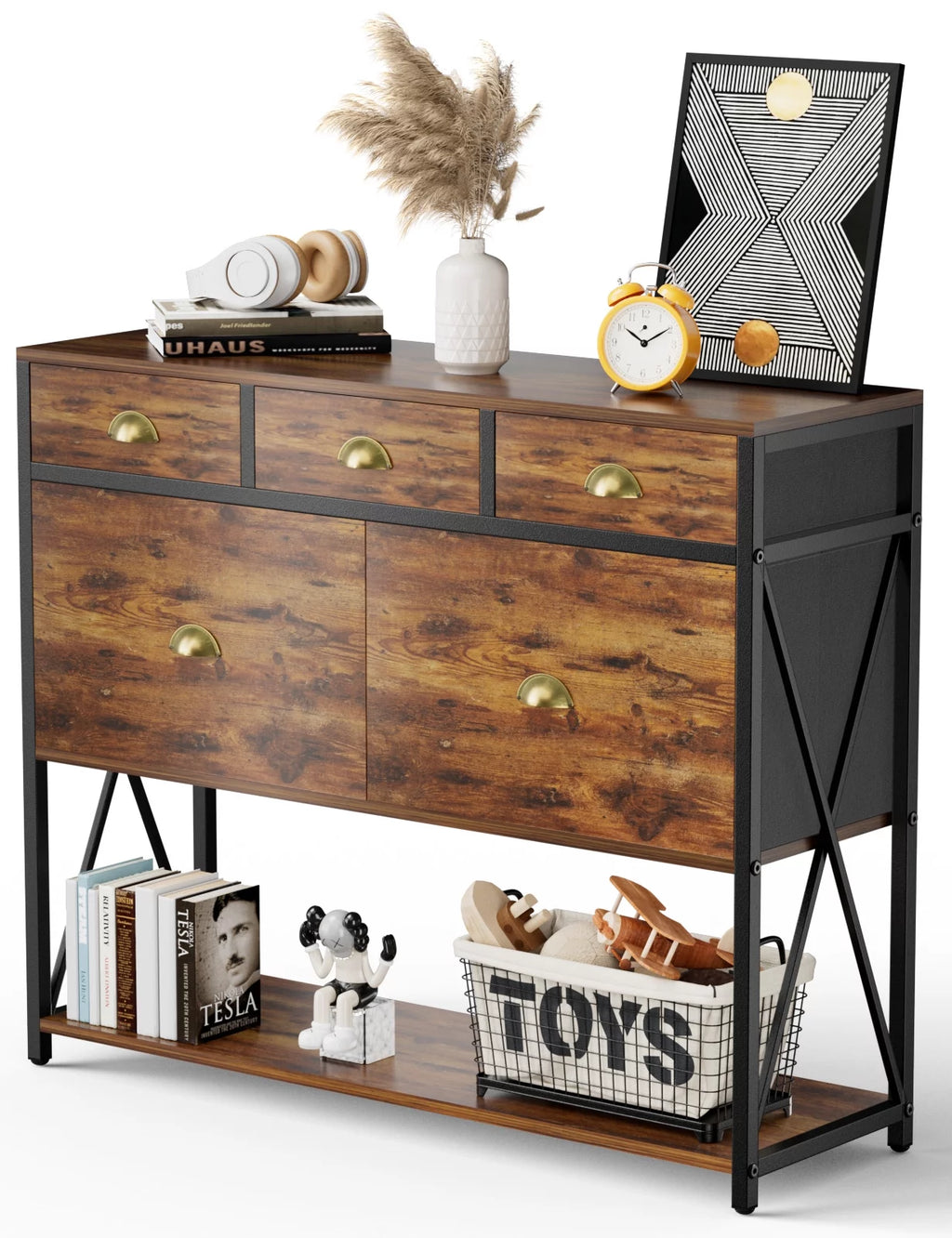 Rustic Brown Console Table with Drawers and Storage Shelves P82772