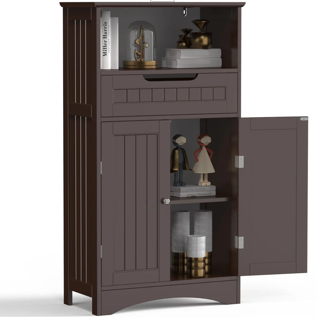 Dark Brown Bathroom Storage Cabinet with Drawer and Shelf M765852