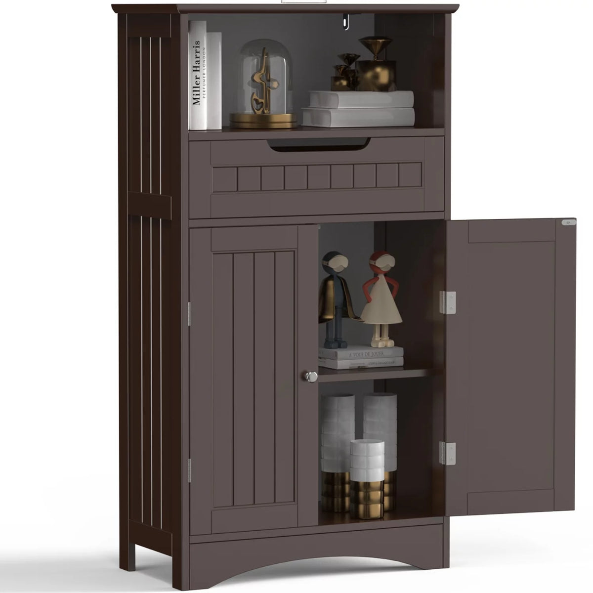 Dark Brown Bathroom Storage Cabinet with Drawer and Shelf M765852