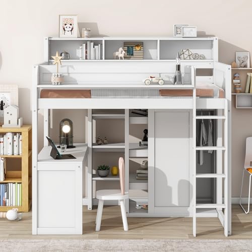 Twin Size Wood Loft Bed with Desk Storage and Wardrobe I648477