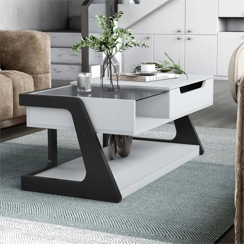 White Wood Lift-Top Storage Coffee Table V769958
