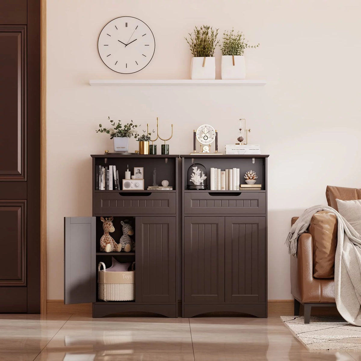 Dark Brown Bathroom Storage Cabinet with Drawer and Shelf M765852