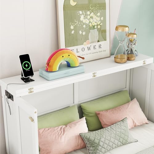 White Full Size Murphy Bed with Charging Station and Drawers S6620