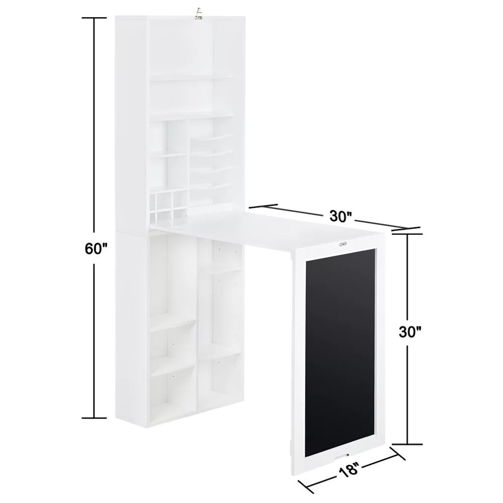 White Collapsible Fold Down Desk Table & Wall Cabinet with Chalkboard & Bottom Shelf P48781